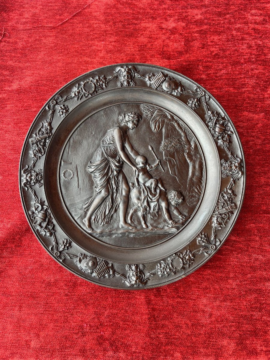 Grand Plateau XIXème Bronze Dyonissos Bacchante Et Faune Mythologie Bacchus