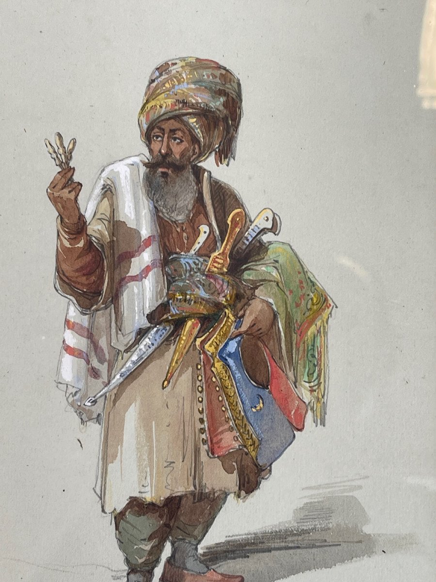 Superb 19th Century Orientalist Painting Ottoman Empire Traveling Merchant-photo-3