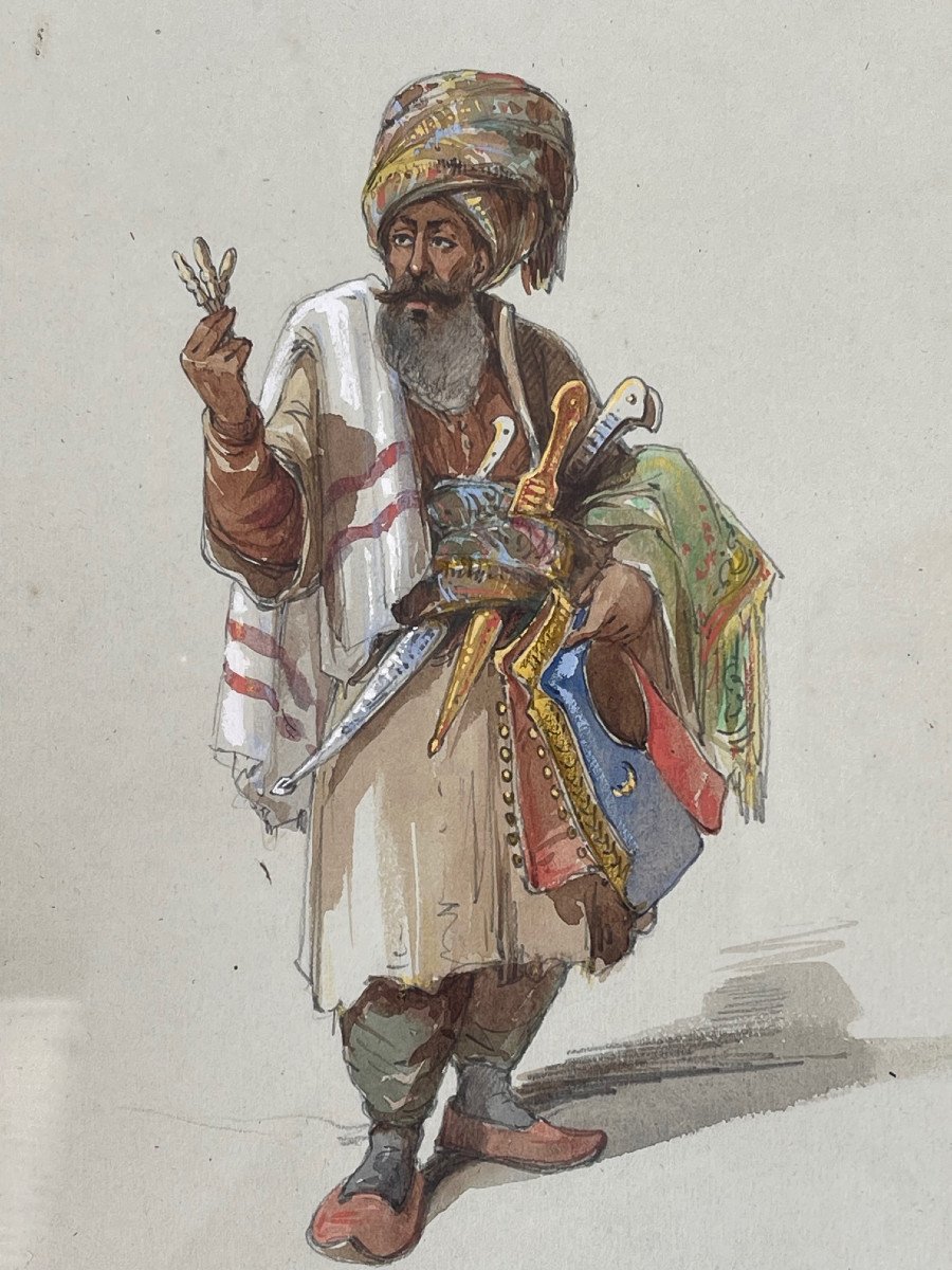 Superb 19th Century Orientalist Painting Ottoman Empire Traveling Merchant-photo-8