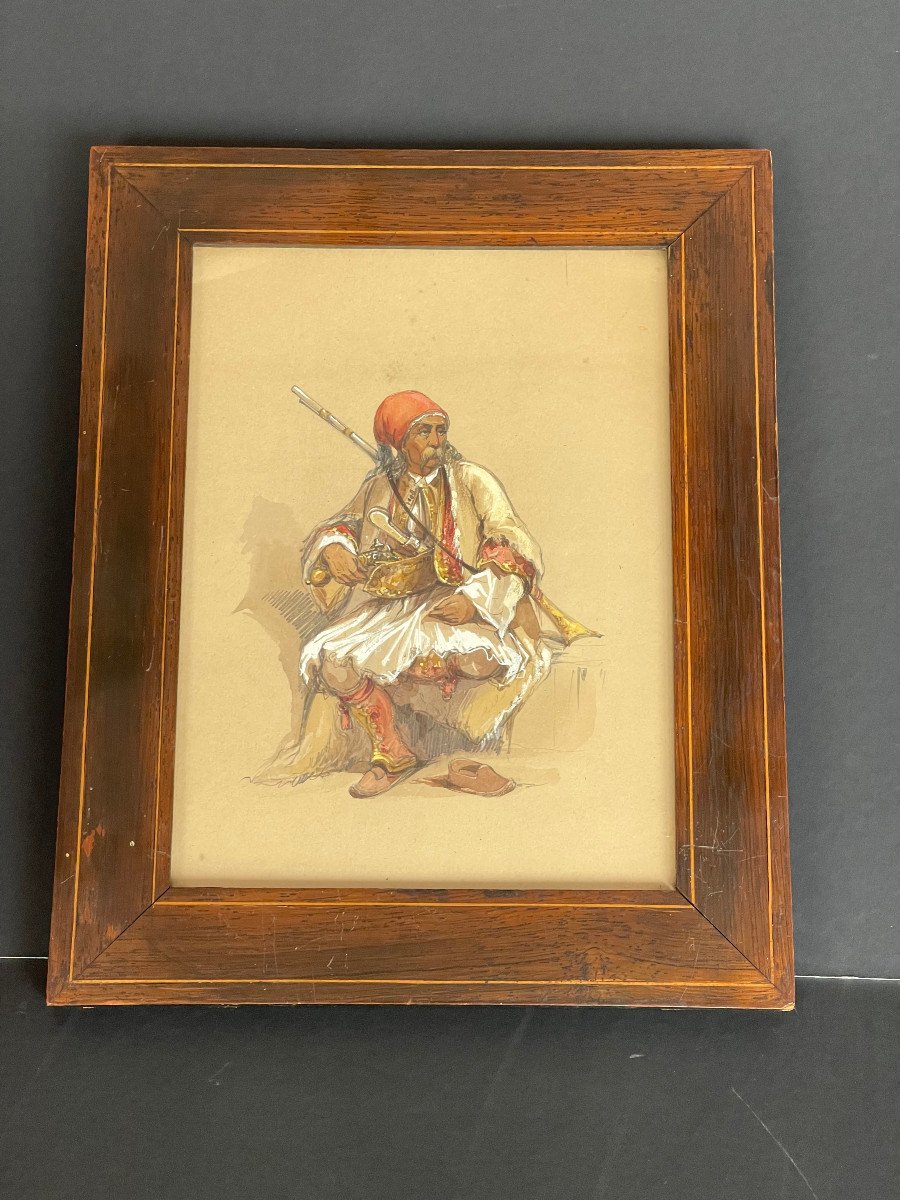 Superb 19th Century Orientalist Painting Ottoman Empire Soldier At Rest-photo-2