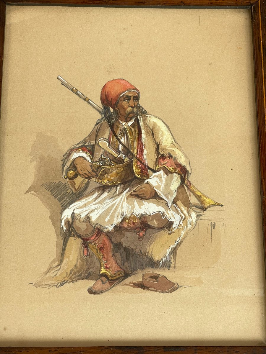 Superb 19th Century Orientalist Painting Ottoman Empire Soldier At Rest-photo-3