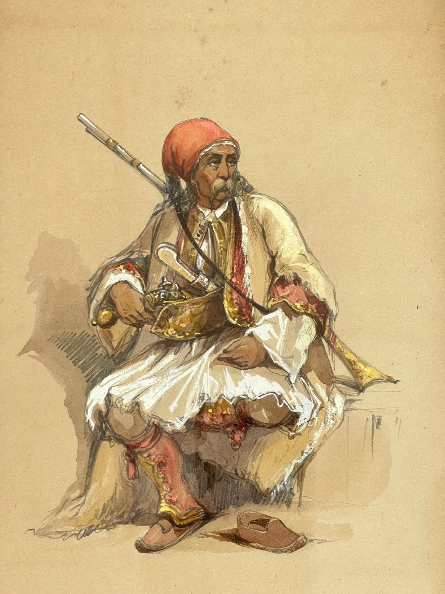 XIXème Siècle Tableau Orientaliste Empire Ottoman Soldat Au Repos-photo-4