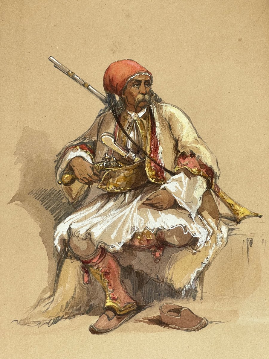 XIXème Siècle Tableau Orientaliste Empire Ottoman Soldat Au Repos