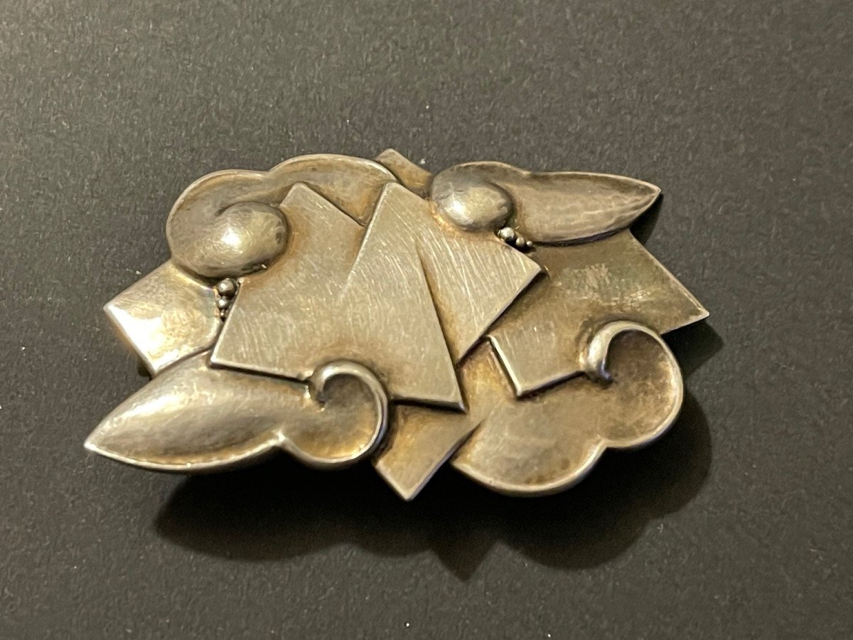 Art Deco Brooch Solid Silver Stylized Clouds Geometric Decor Artist's Jewel-photo-3