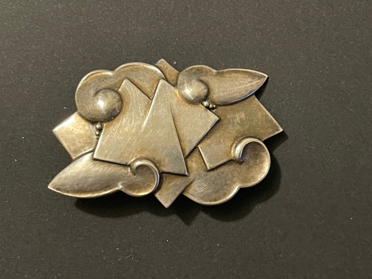 Art Deco Brooch Solid Silver Stylized Clouds Geometric Decor Artist's Jewel-photo-4