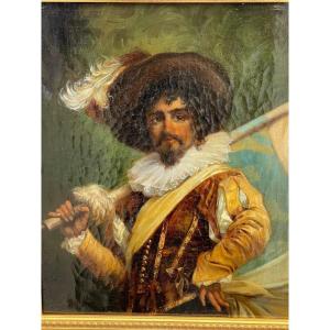 Painting Portrait Gentleman Musketeer Oil On Canvas 19th Century Painting Signed