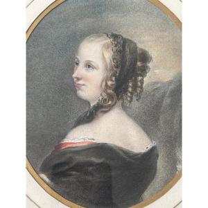 Superbe pastel XIXème tableau portrait jeune femme école romantique romantisme