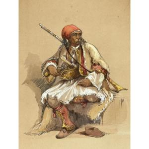 XIXème Siècle Tableau Orientaliste Empire Ottoman Soldat Au Repos