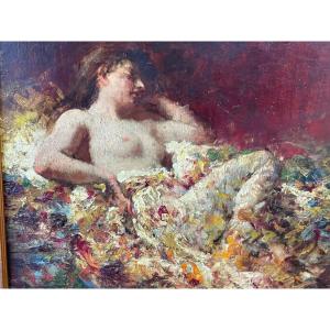 XIXème Siècle Huile Sur Panneau Acajou Curiosa Nu Féminin Portrait Femme Tableau