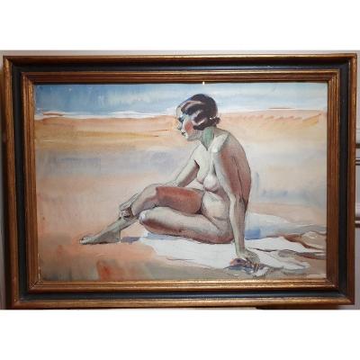 Nude At The Beach, Watercolor And Pencil, 1930s