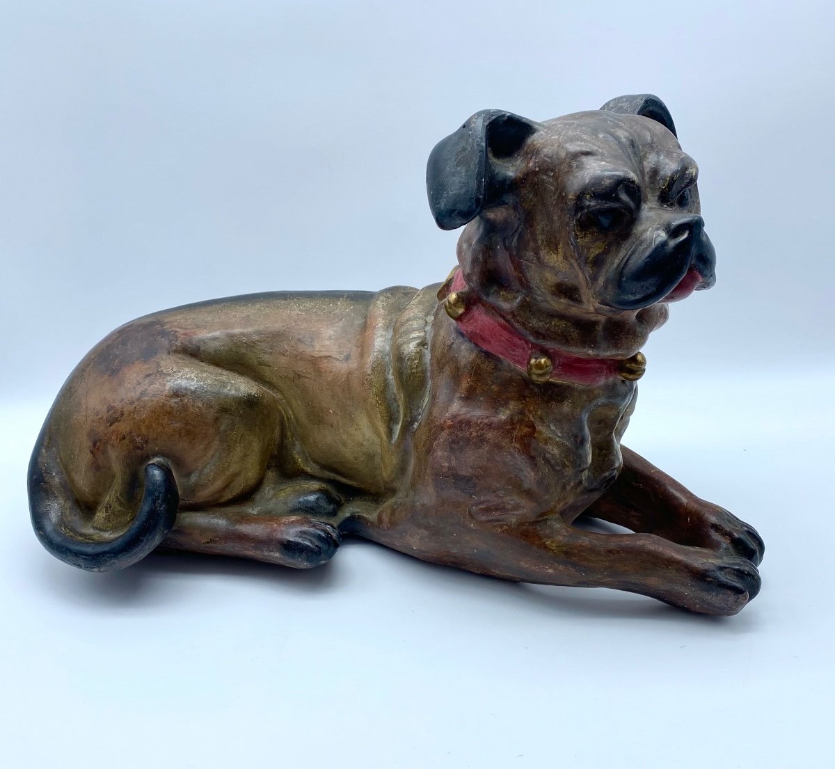 Early 20th Century Austria Large Lying Dog Statue In Polychrome Terracotta -photo-2