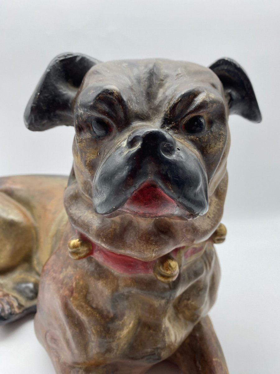 Early 20th Century Austria Large Lying Dog Statue In Polychrome Terracotta -photo-5