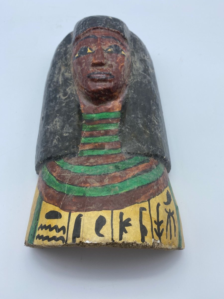 Sarcophagus Mummy Mask In Painted Gesso Cedar -photo-3