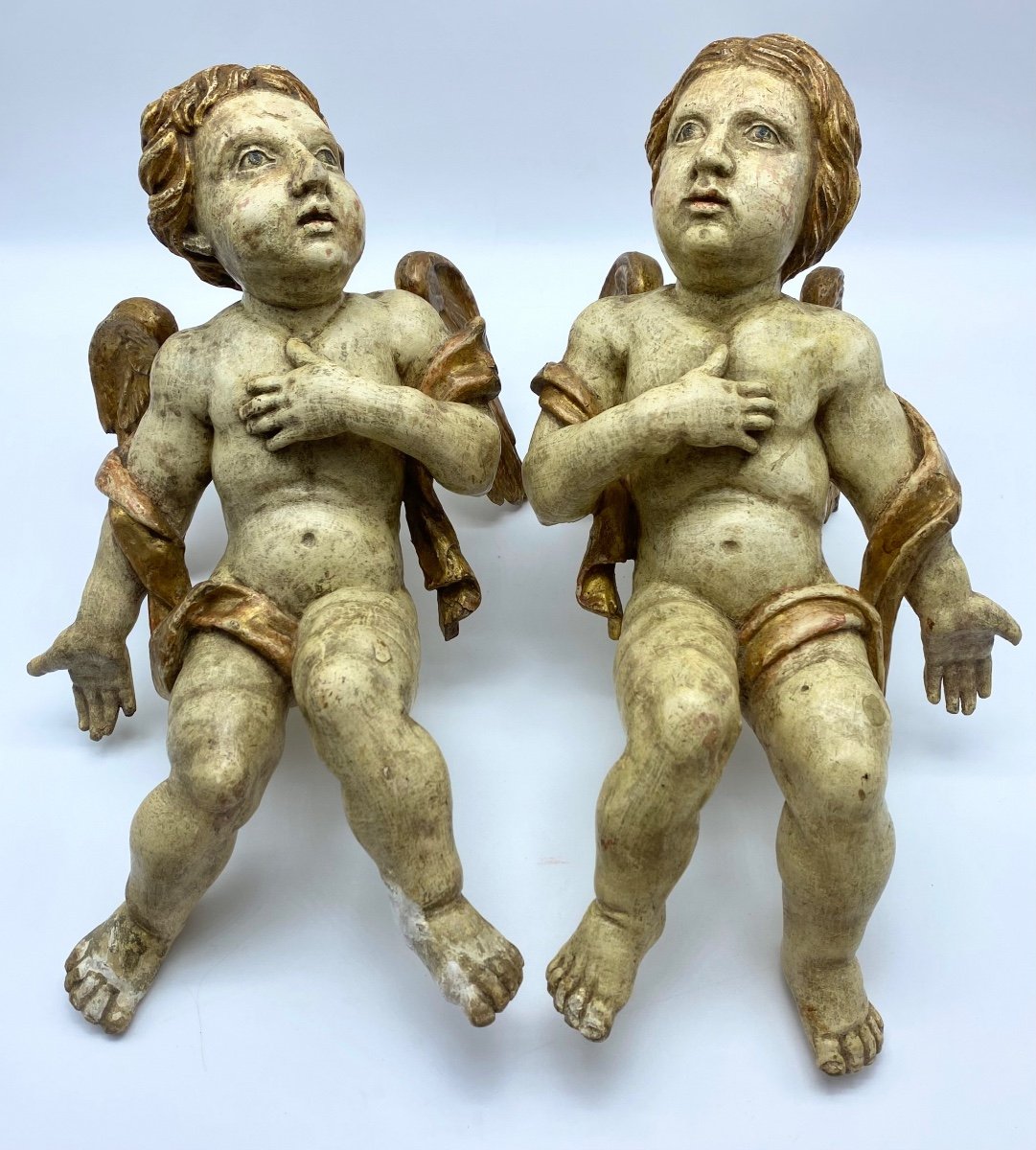  Ancienne Paire d'Anges En Bois Sculpté Du 18ème Siècle-photo-2