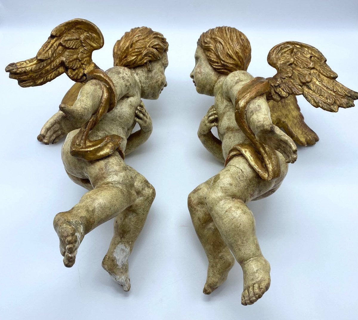  Antique Pair Of Angels In Carved Wood From The 18th Century-photo-3