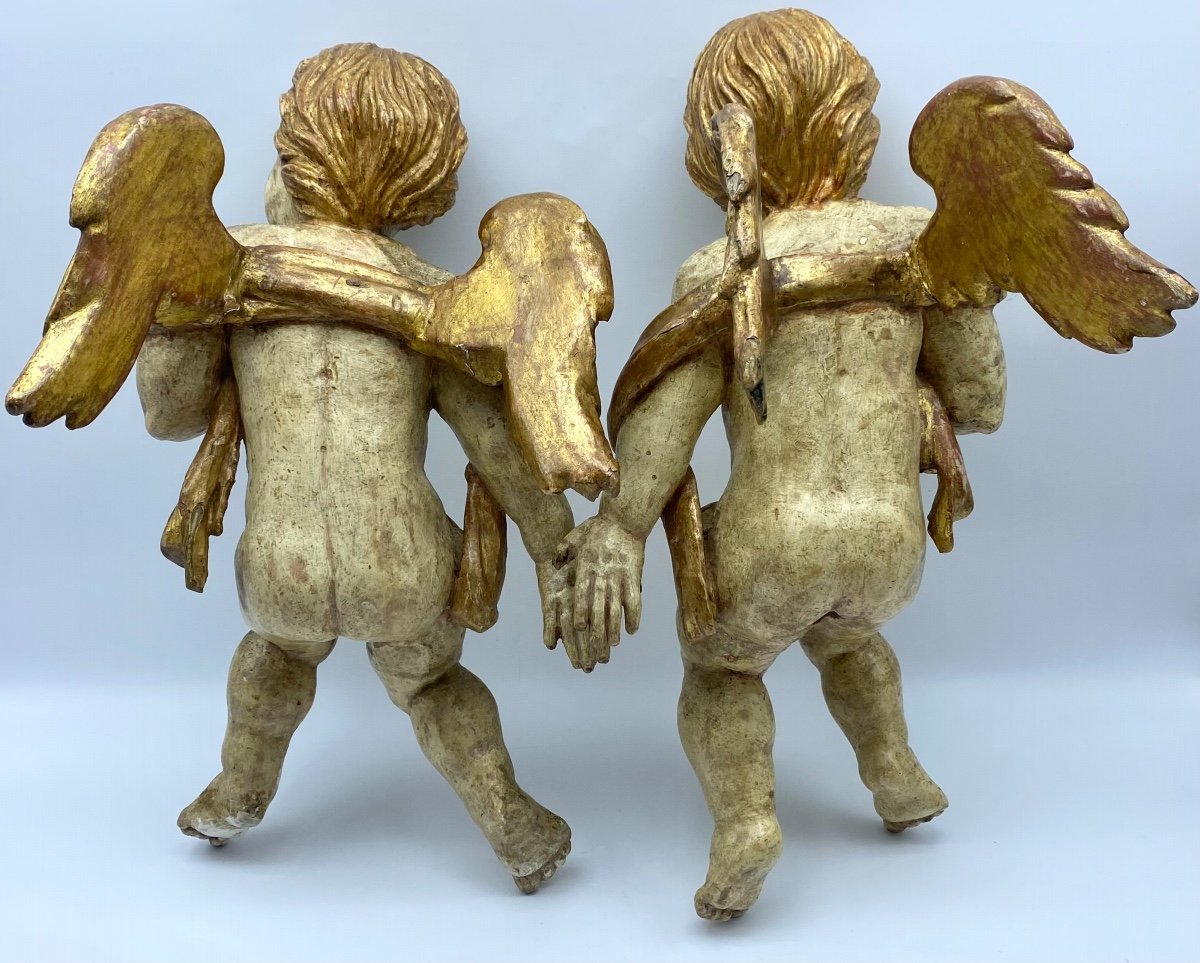  Antique Pair Of Angels In Carved Wood From The 18th Century-photo-4