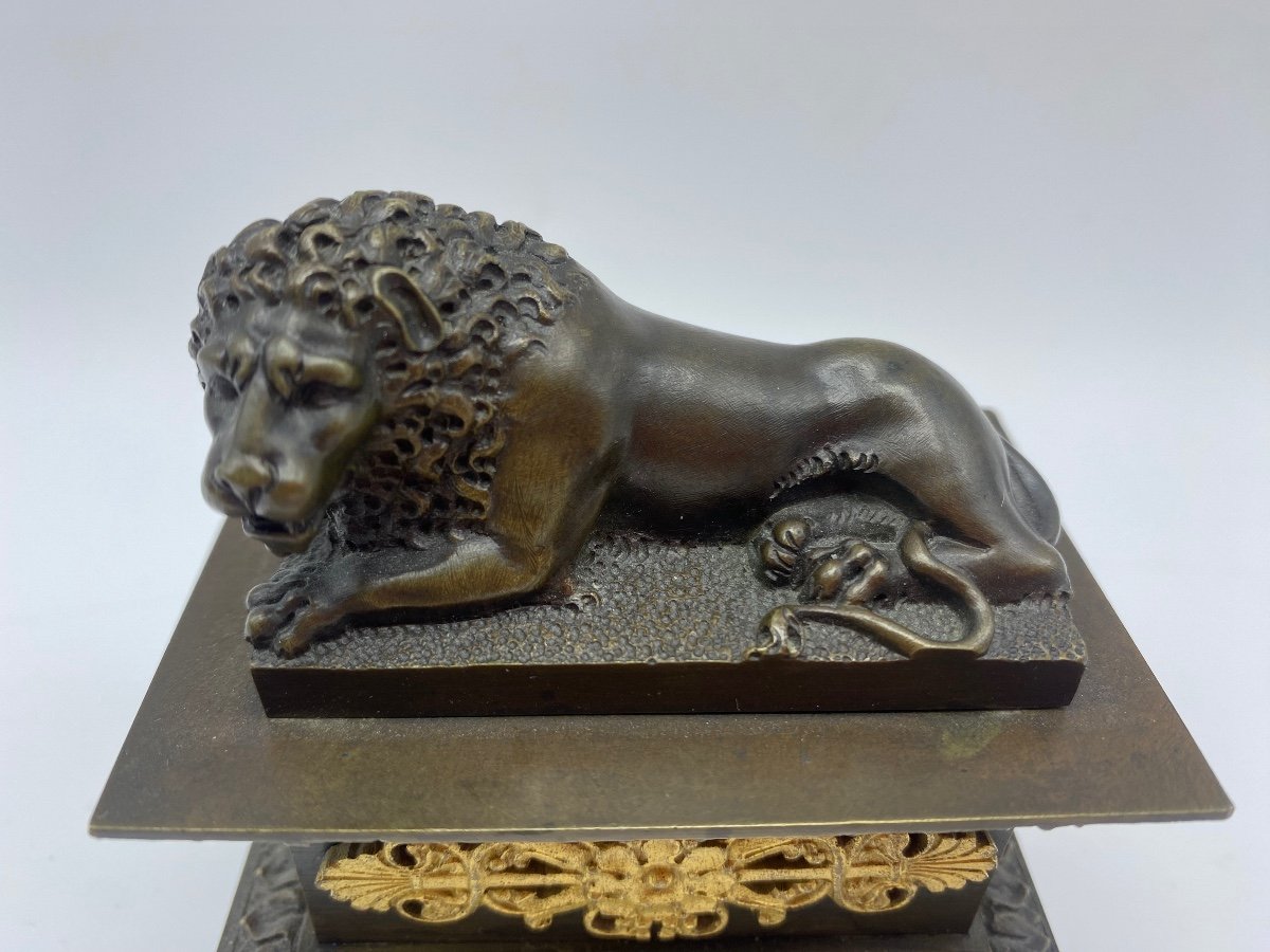 XIX Antique French Empire Inkwell In Gilt Bronze With Lion -photo-2