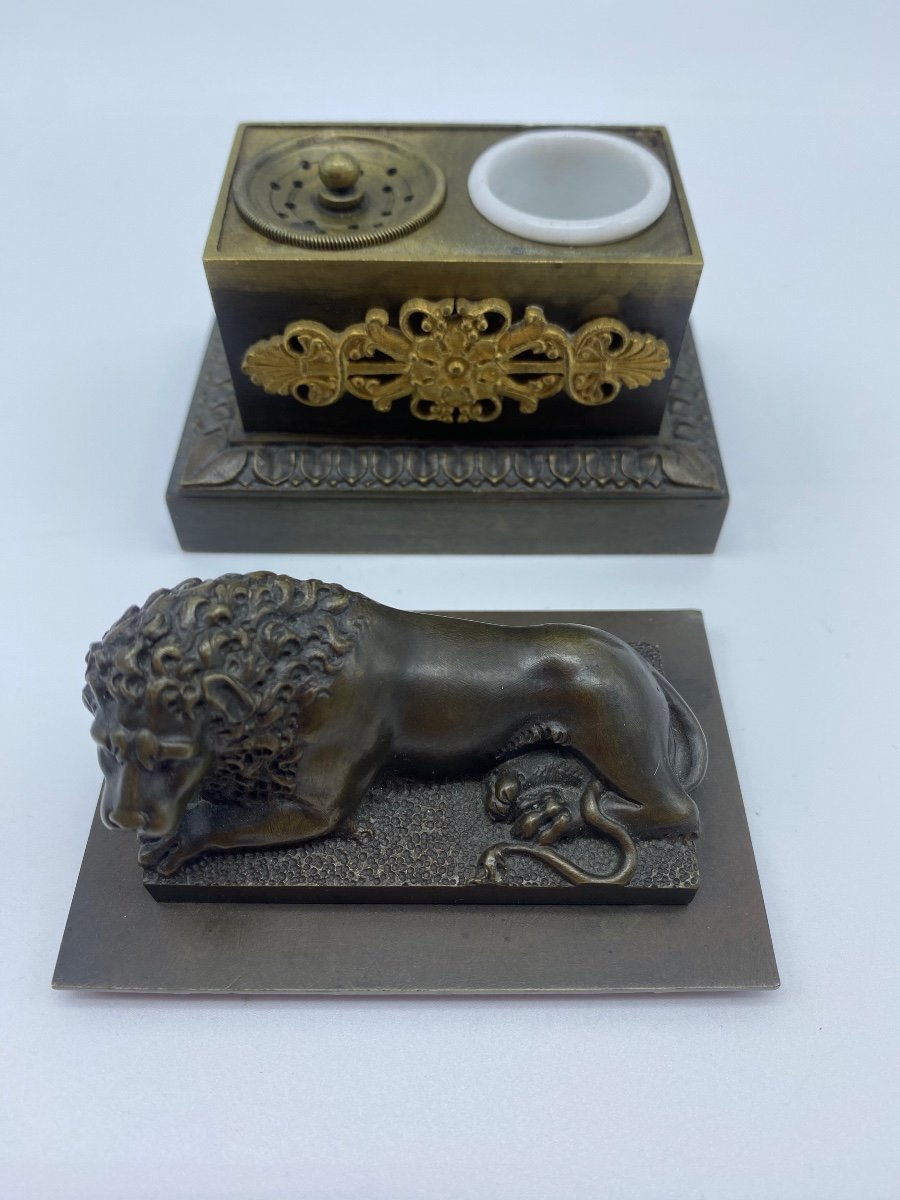 XIX Antique French Empire Inkwell In Gilt Bronze With Lion -photo-3