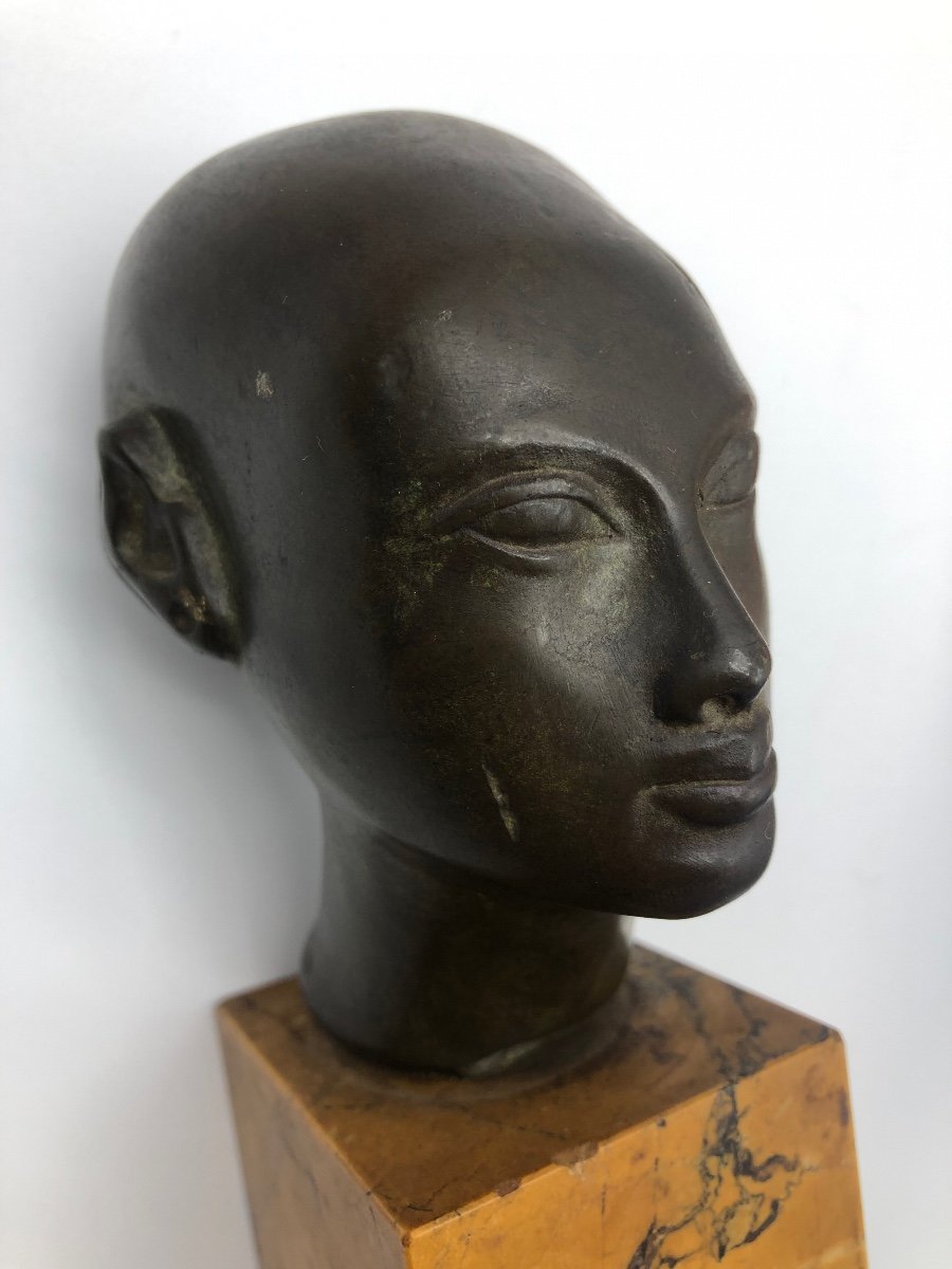 Antique Bronze Egyptian Statue Head Of Amarna On A Siena Marble Base-photo-6