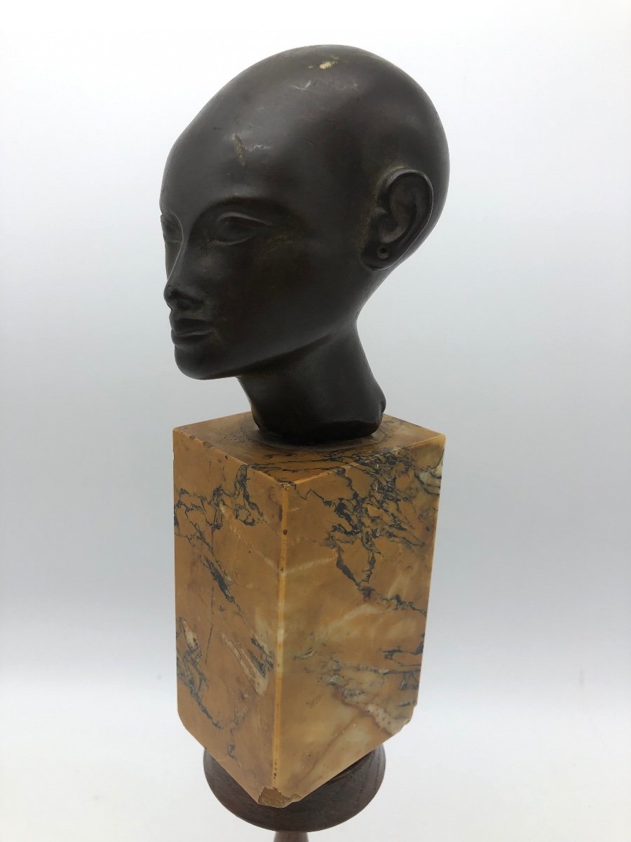 Antique Bronze Egyptian Statue Head Of Amarna On A Siena Marble Base