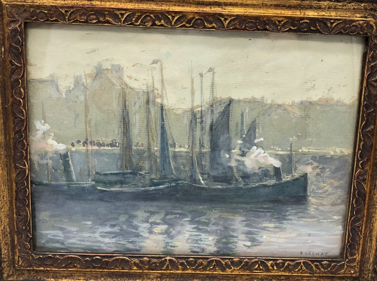 XIX Albert-eugène Lechat (1863-1918) Watercolor Boats In The Harbor Signed-photo-3