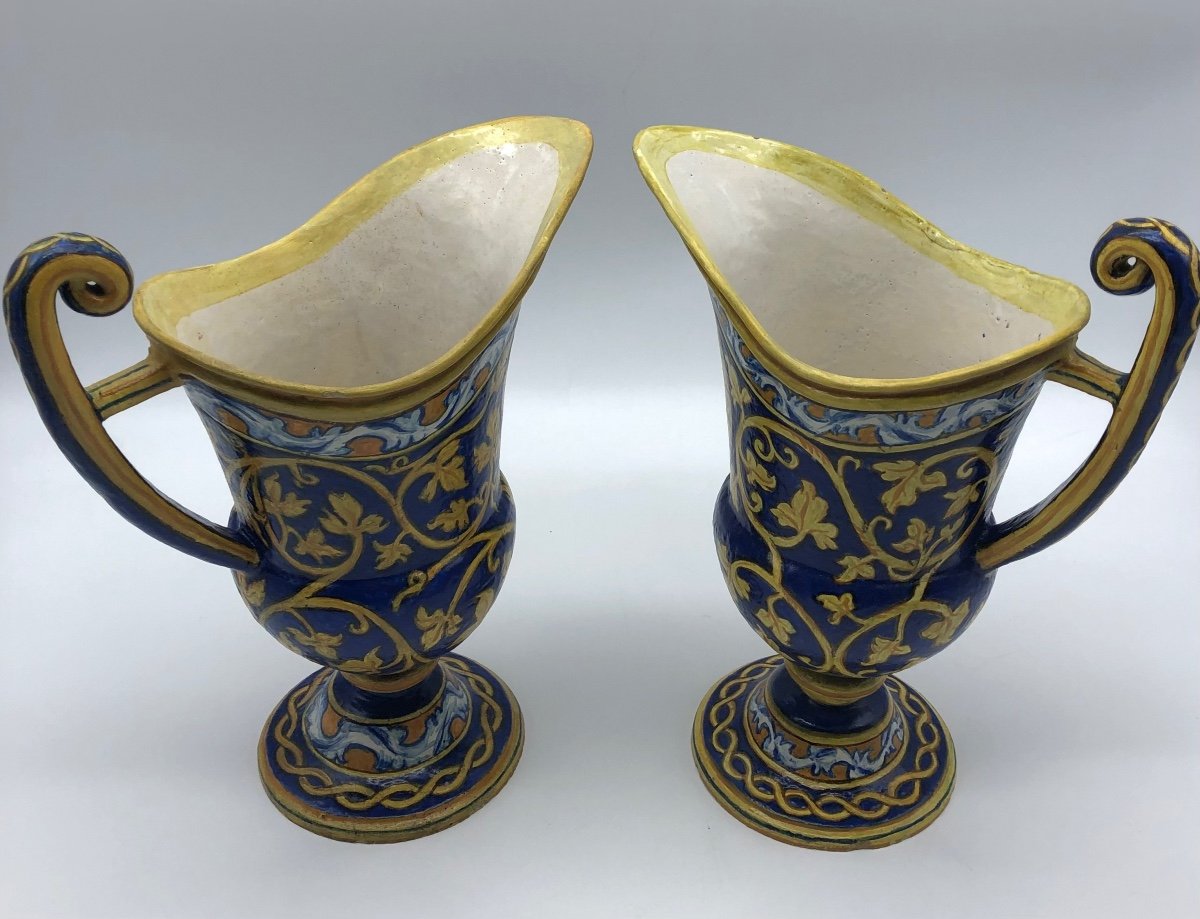 Rare Pair Of Antique Pitchers In Italian Majolica XVIII Faenza Caltagirone-photo-3