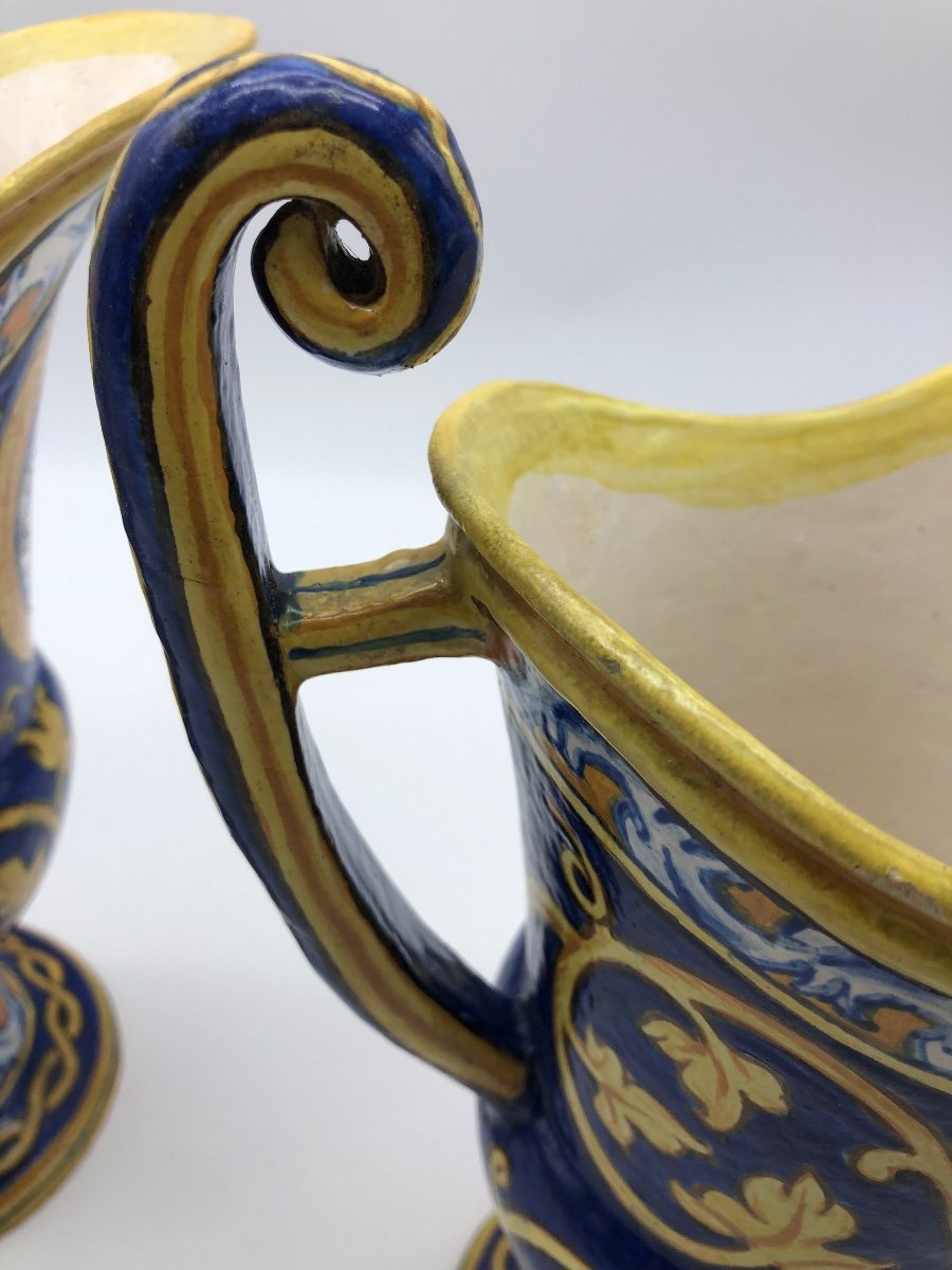 Rare Pair Of Antique Pitchers In Italian Majolica XVIII Faenza Caltagirone-photo-8