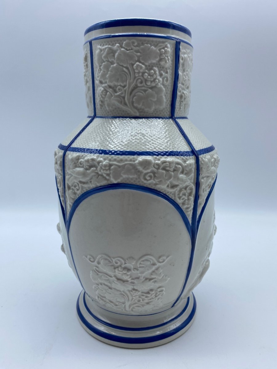 XIX France Antique Vase Fine Ceramic Choisy Le-roi White And Blue-photo-4