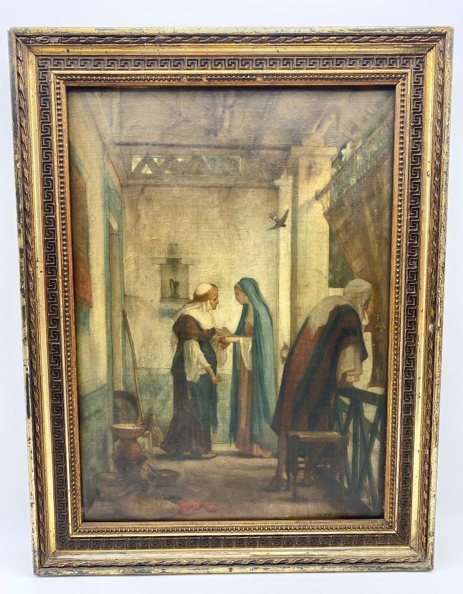 Charles Guillaume Brun (France 1825-1908) Peinture Orientaliste Huile Sur Toile Scène Algérie