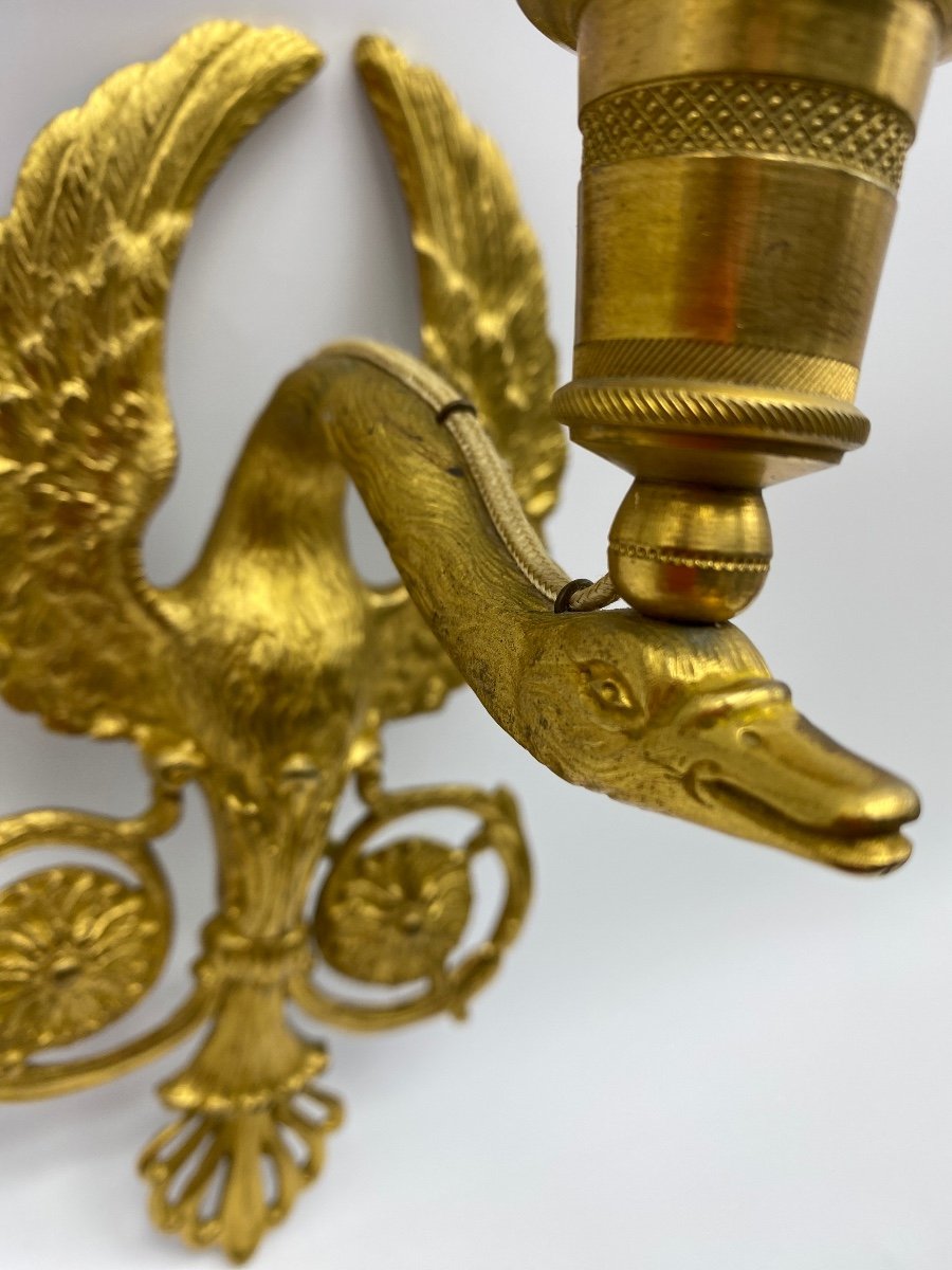 XIX France Empire Set Of Four Small Sconces In Gilt Bronze Swan Neck -photo-4