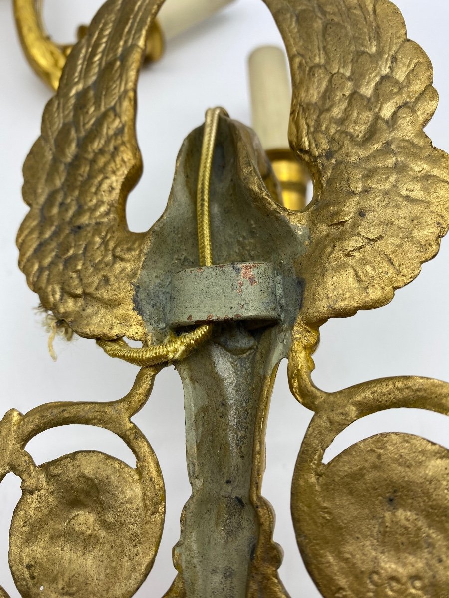 XIX France Empire Set Of Four Small Sconces In Gilt Bronze Swan Neck -photo-5