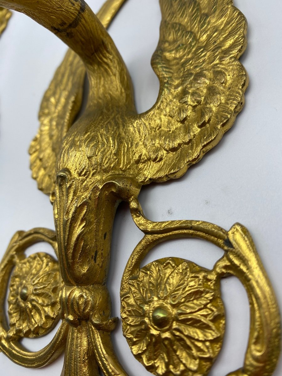 XIX France Empire Set Of Four Small Sconces In Gilt Bronze Swan Neck -photo-7