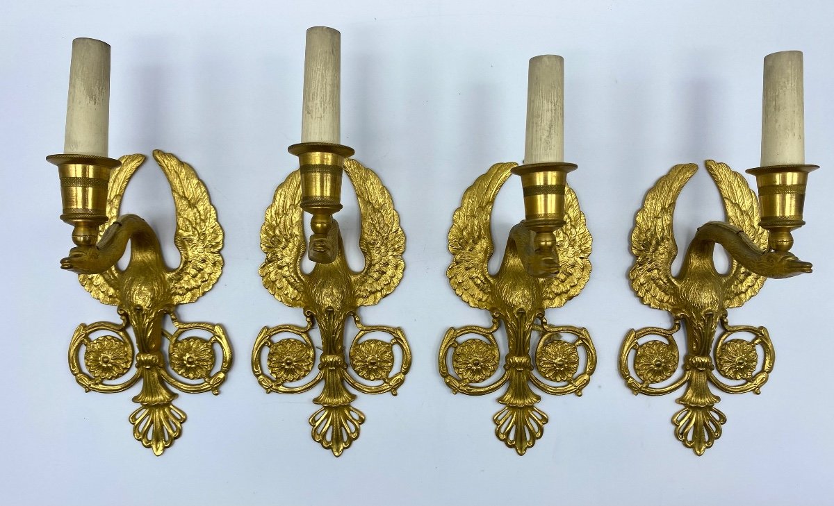 XIX France Empire Set Of Four Small Sconces In Gilt Bronze Swan Neck 