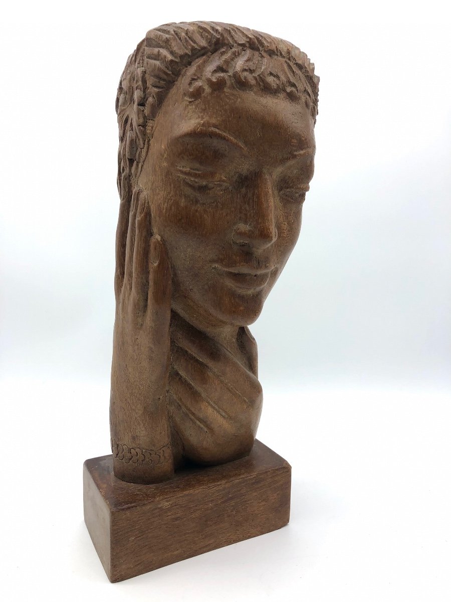 Belgium Old Art Deco Woman's Head Bust In Carved Wood Ernest Heylens