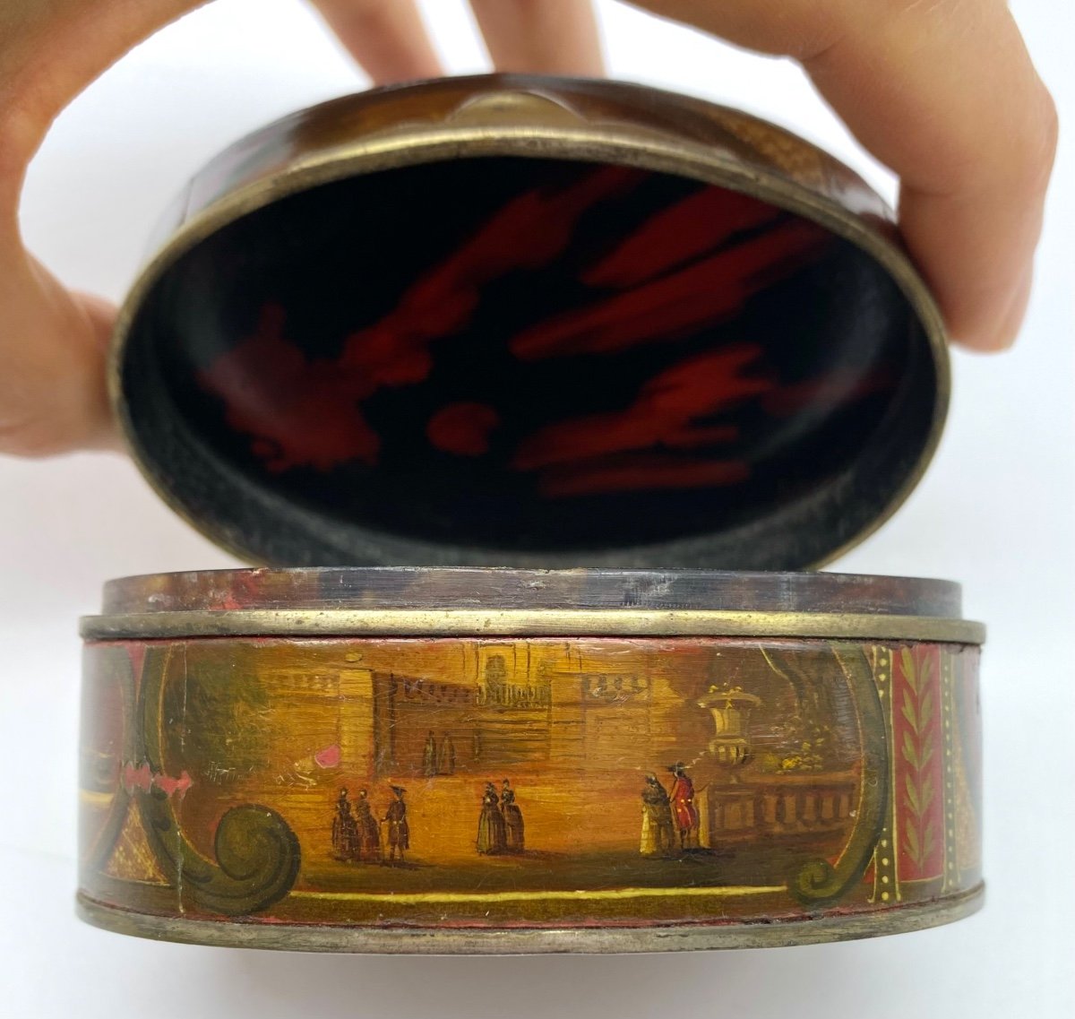 Antique French Tortoiseshell Vernis Martin Snuff Box  Louis XVI Court Scenes  -photo-2