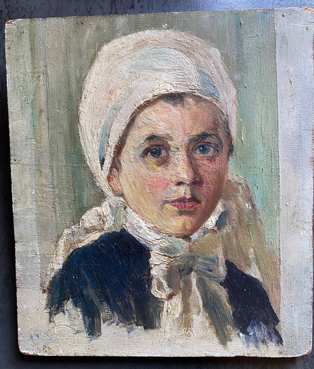 XIX France Antique Oil Painting On Panel Portrait Of A Young Breton Girl-photo-2