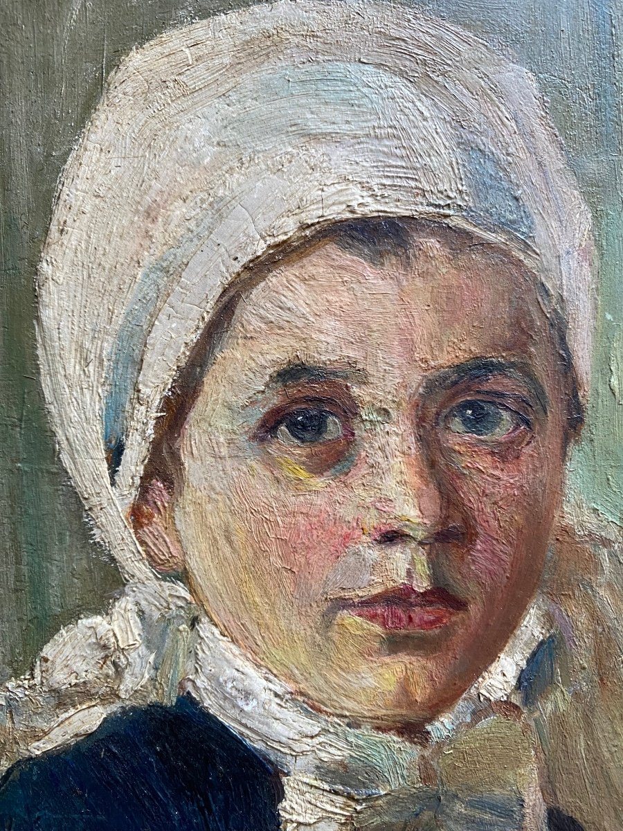 XIX France Antique Oil Painting On Panel Portrait Of A Young Breton Girl-photo-3