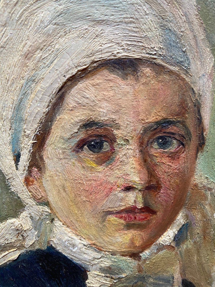 XIX France Antique Oil Painting On Panel Portrait Of A Young Breton Girl-photo-4