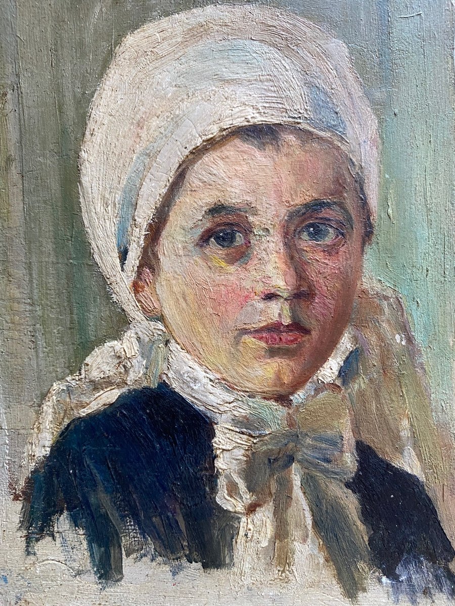 XIX France Antique Oil Painting On Panel Portrait Of A Young Breton Girl