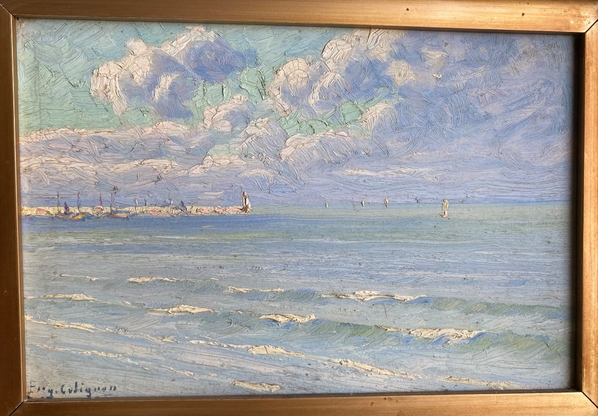 Eugène Colignon (belgium 1876-1961) Oil Painting On Panel Representing A Seaside-photo-2