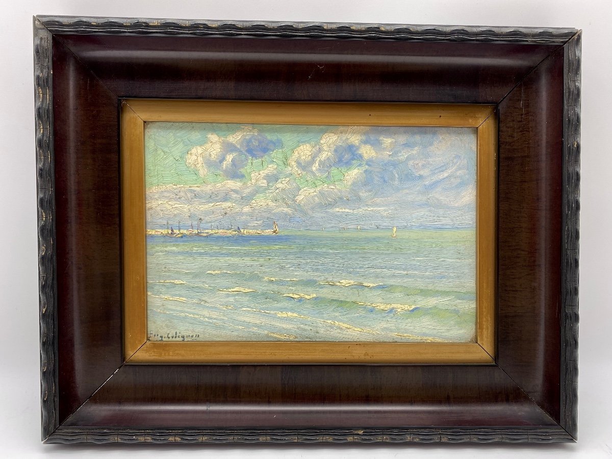 Eugène Colignon (belgium 1876-1961) Oil Painting On Panel Representing A Seaside-photo-3