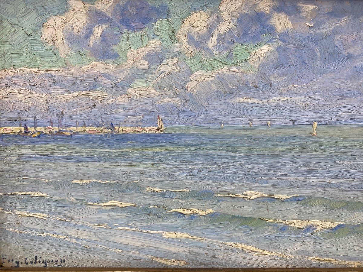 Eugène Colignon (belgium 1876-1961) Oil Painting On Panel Representing A Seaside-photo-2