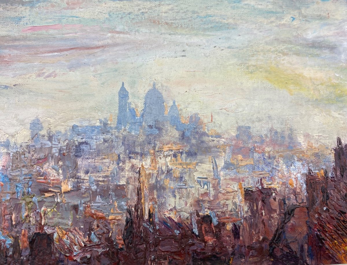 XX France Pierre Moberg Vers 1962 Huile Sur Toile Peinture Vue De Montmartre Paris  -photo-2