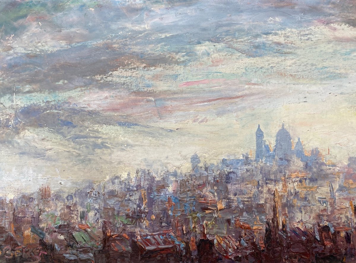 XX France Pierre Moberg Vers 1962 Huile Sur Toile Peinture Vue De Montmartre Paris  -photo-4