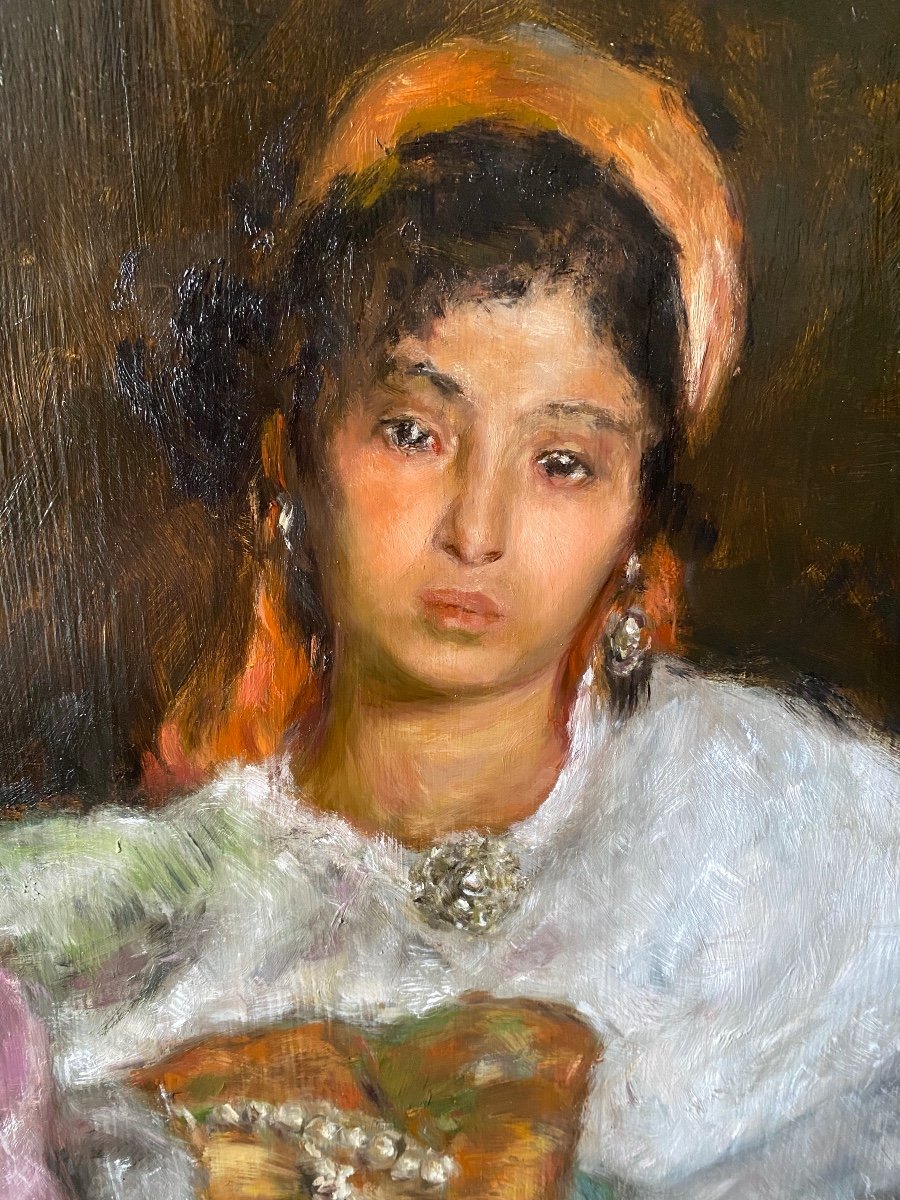 Antique Orientalist Painting Oil On Panel Portrait Of A Young Kabyle Berber Woman-photo-3