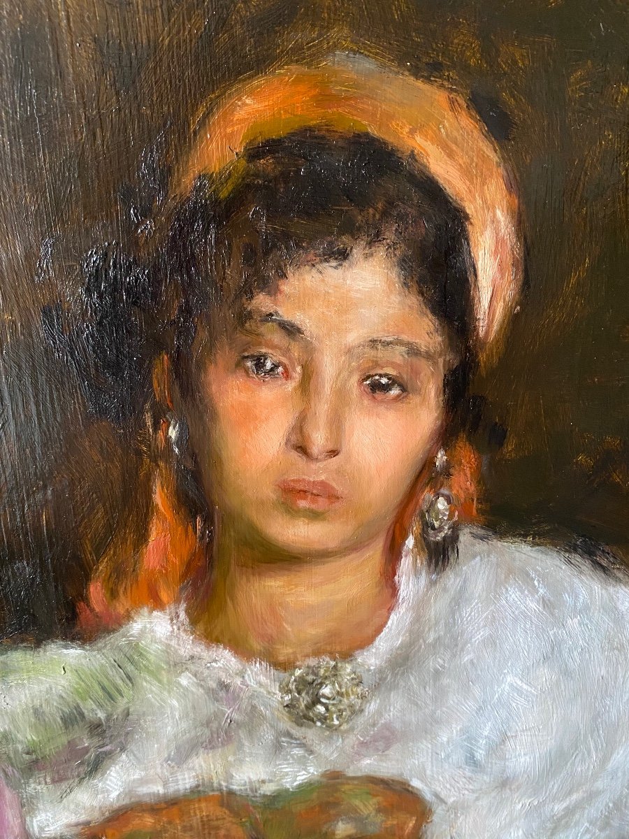 Antique Orientalist Painting Oil On Panel Portrait Of A Young Kabyle Berber Woman-photo-1