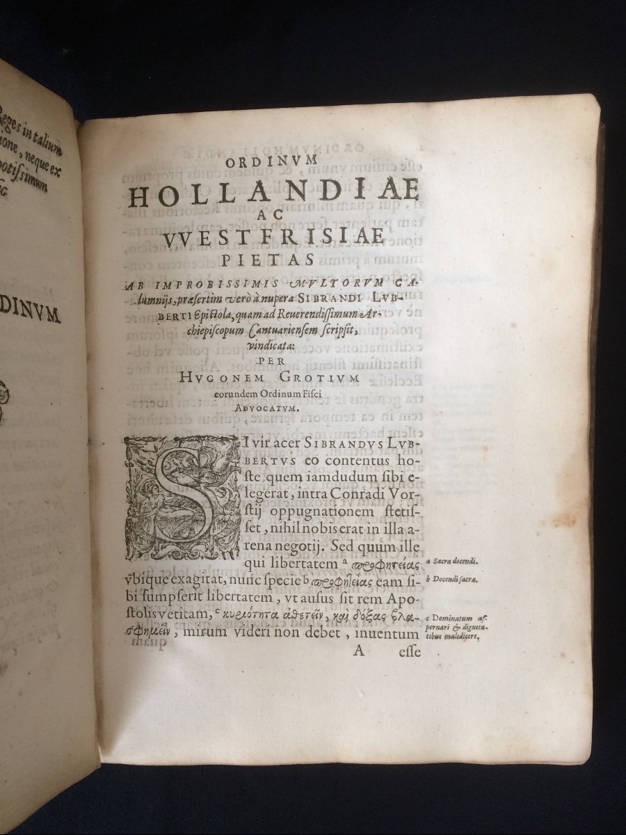 Livre Ancien 1613 Grotius  Ordinum Hollandiae Ac Westfrisiae Pietas Couverture Vélin-photo-3