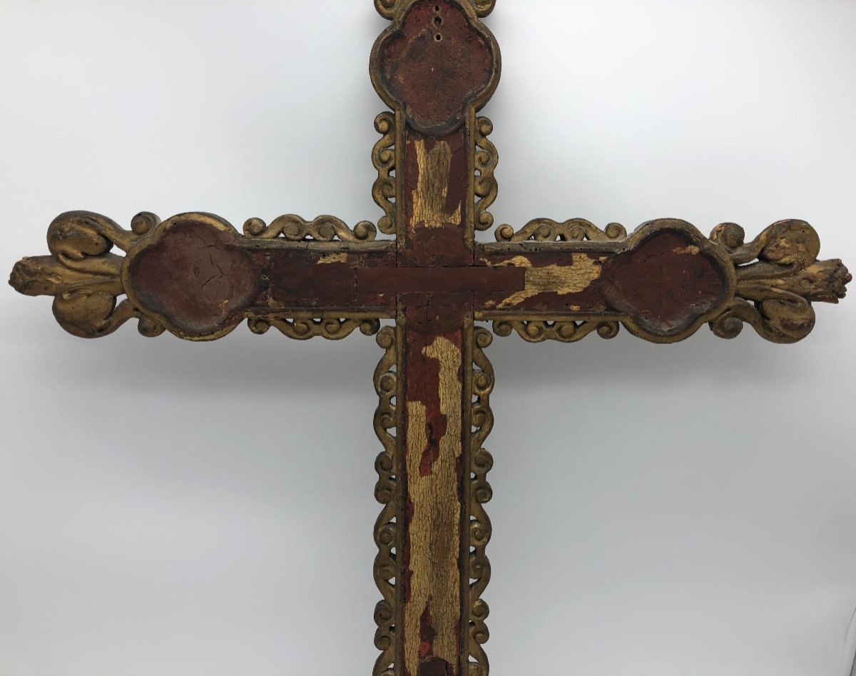 Antique French Processional Cross In Polychrome Wood 17th Century-photo-3