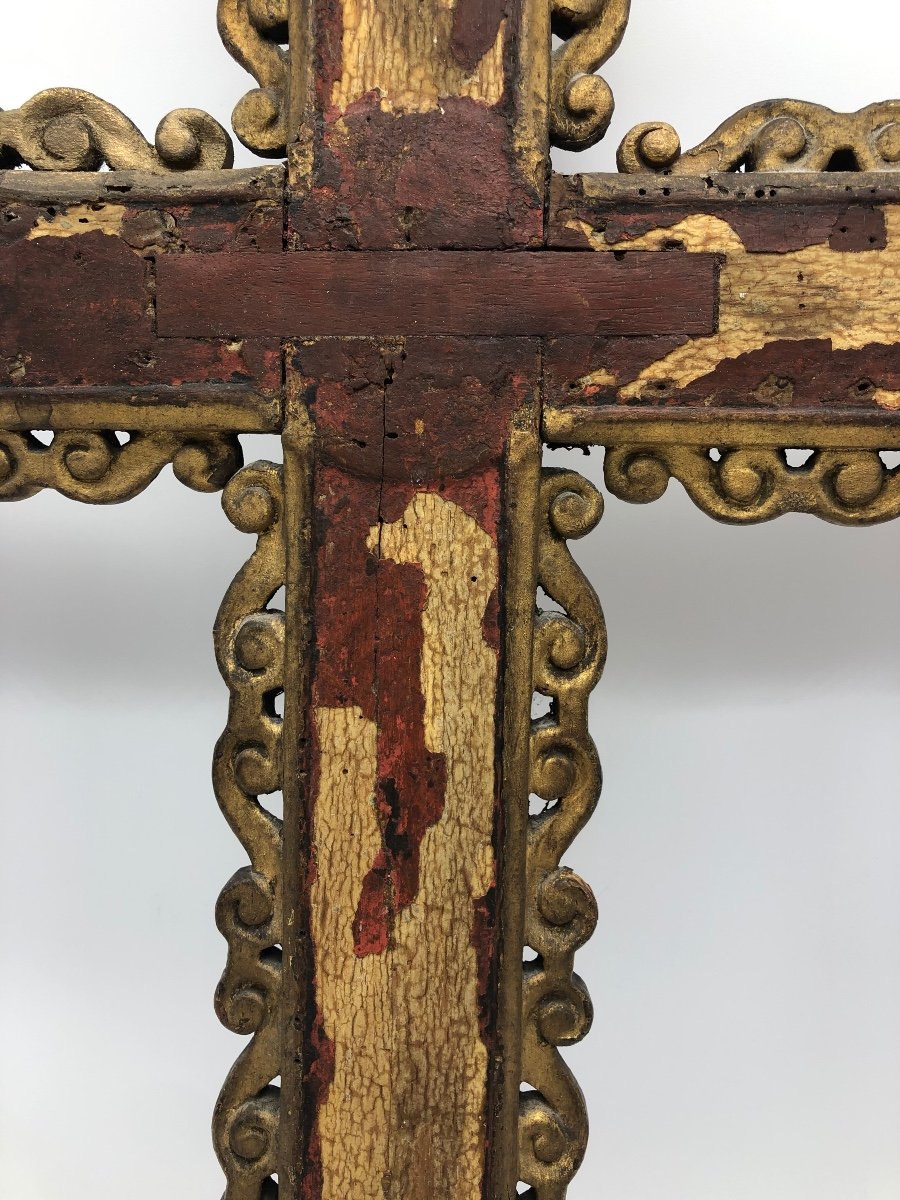 Antique French Processional Cross In Polychrome Wood 17th Century-photo-4