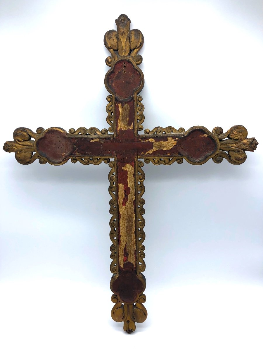 Antique French Processional Cross In Polychrome Wood 17th Century